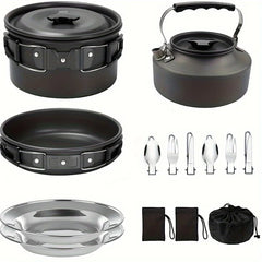 1set, Camping Pot And Pan Set For 2-3 People Use, Portable Cookware Tableware Set With Cooking Pot, Frying Pan, Kettle, Knives