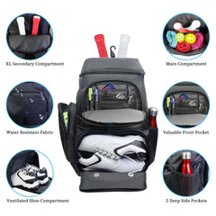 Pickleball Bag Backpack with Shoe Compartment Fence Hook Large Capacity Pickleball Paddle Bags Hold Pickleball Accessories