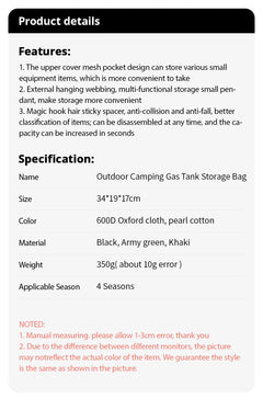 PACOONE Outdoor Camping Gas Tank Storage Bag Large Capacity Ground Nail Tool Bag Gas Canister Picnic Cookware Utensils Kit Bag